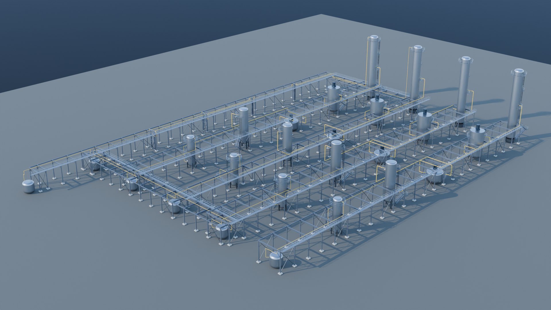 Photoreal render of a thirty-unit process plant: four parallel process trains with pipe racks, routed lines and structural steel