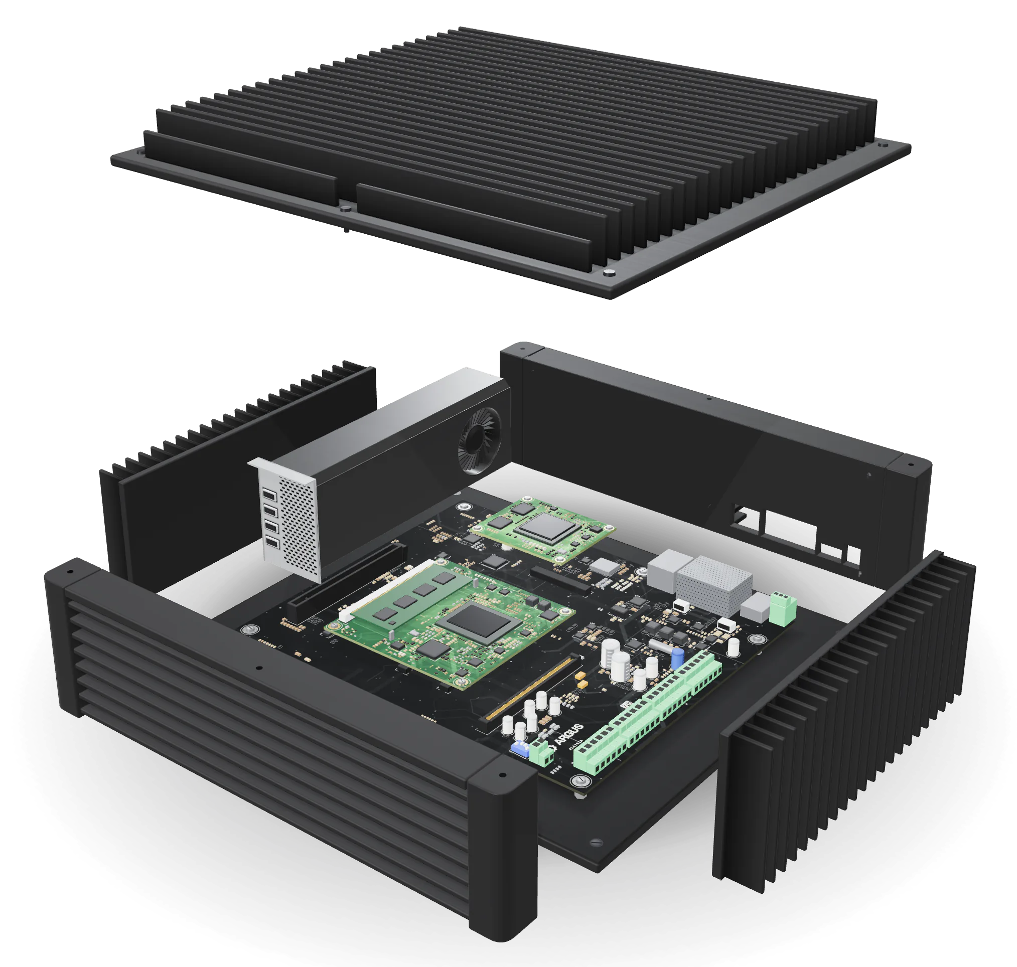 Argus exploded: the finned lid lifted above the open enclosure, the four walls pulled away, and the CPU module, the GPU card and the FPGA module raised above the carrier board.