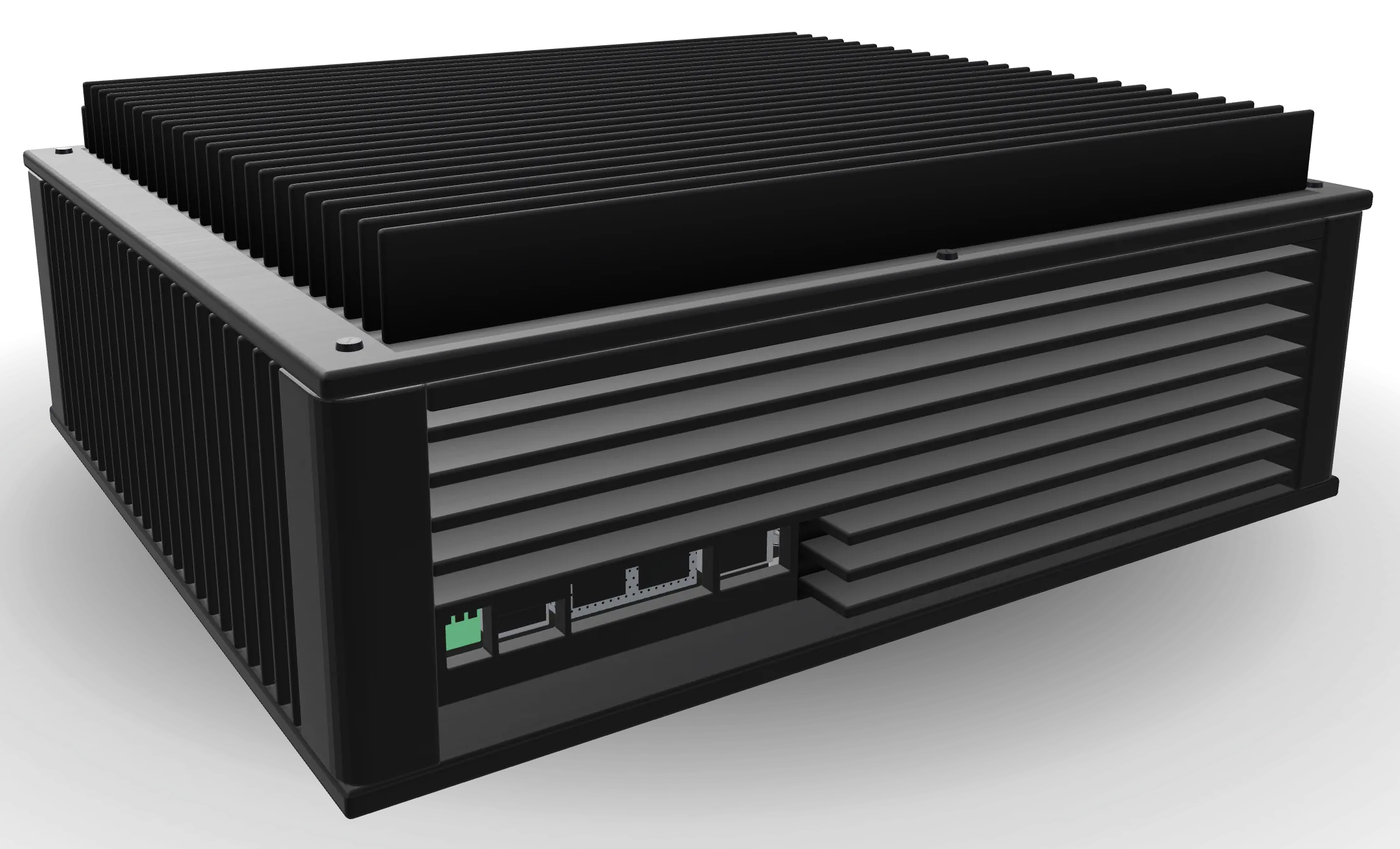 Argus, assembled, seen from the back: a finned enclosure with the connector openings in its rear wall.