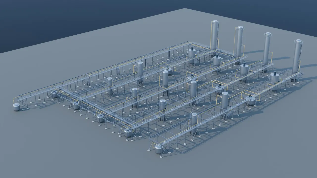 Render of a thirty-unit process plant: four parallel process trains with pipe racks, routed yellow lines and structural steel on a hardstanding.