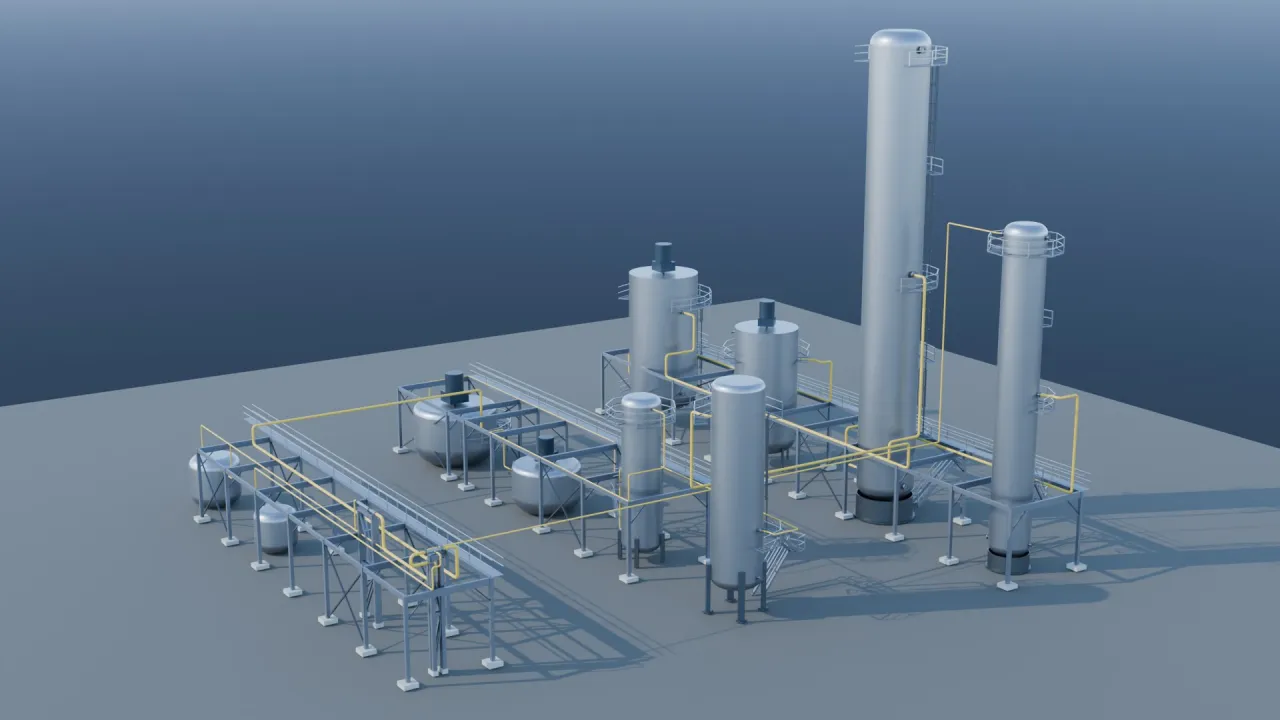 Render of a twelve-unit process plant built by AcaysiaGEM: stirred vessels, distillation columns, routed yellow piping and structural steel on a hardstanding.