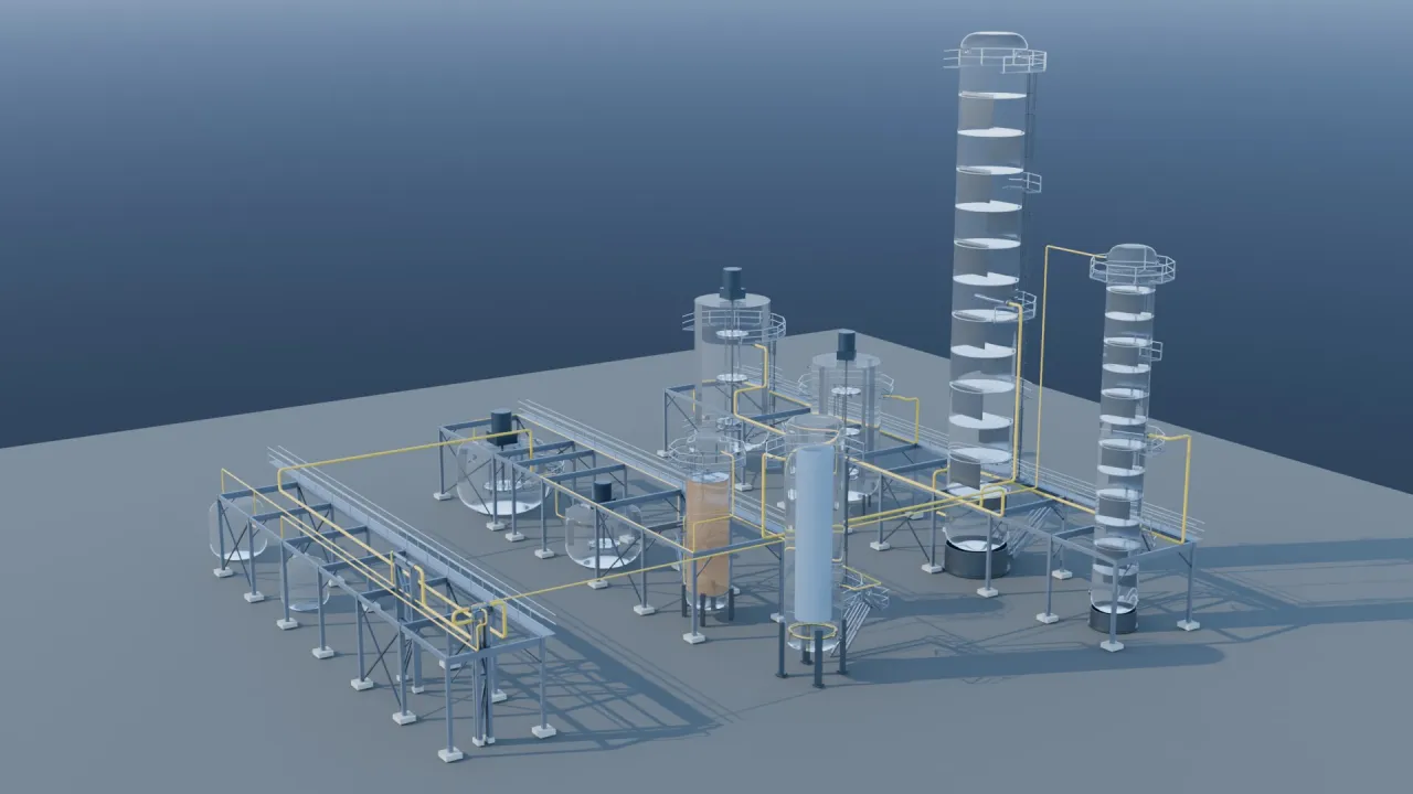 The same plant rendered in x-ray: vessel walls transmissive, showing distillation trays, downcomers, impellers and packing inside.
