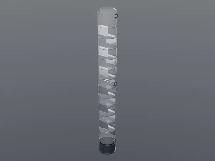 X-ray render of a distillation column revealing the stack of trays and downcomers inside the shell.