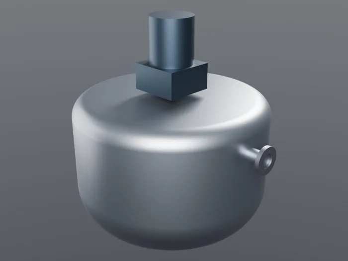 Studio render of a stirred tank built by GEM: dished shell, drive motor on the top head and a flanged side nozzle.